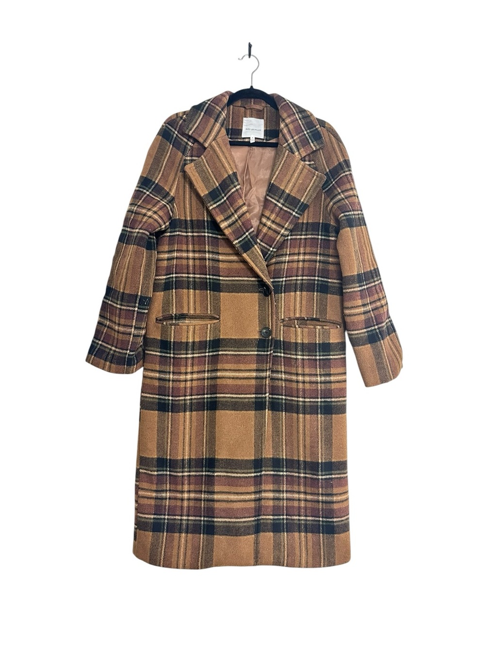 Avec Les Filles Windowpane Plaid Wool Blend Coat - Camel, Small